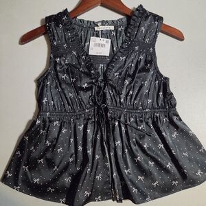 NWT American Eagle Bow Print Tie Top Small Black Spring Blouse Romantic Vest